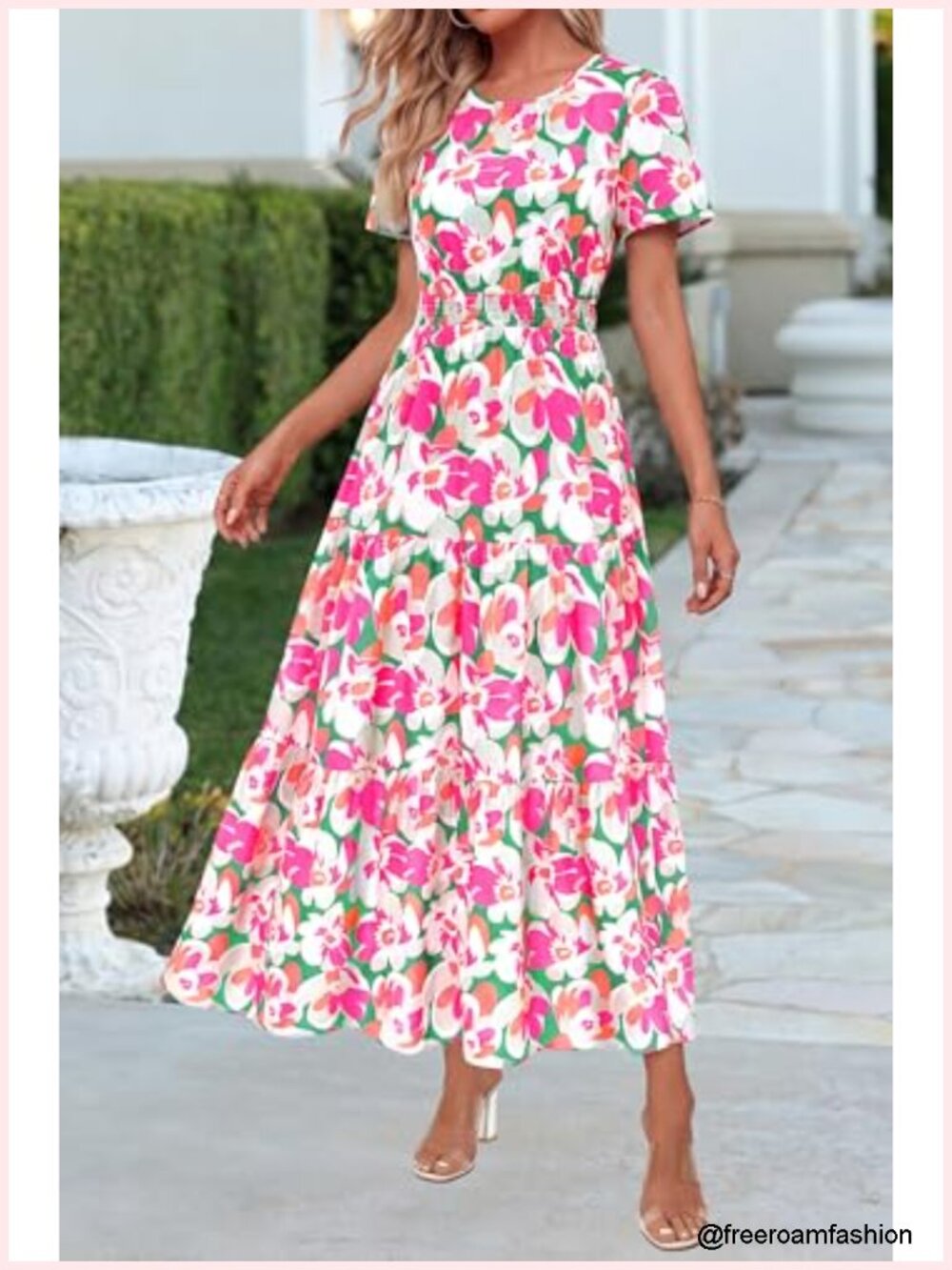 Women's Smocked Boho Floral A-Line Maxi Dress Flutter Sleeve Tiered Long - Picture 5 of 6